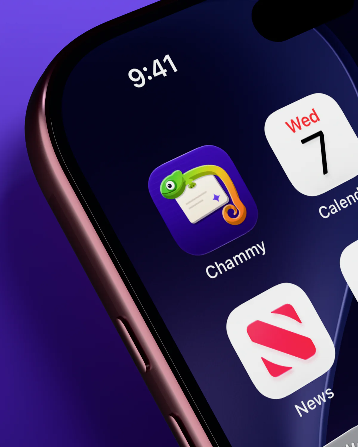 Chammy in the first slot of an iPhone home screen